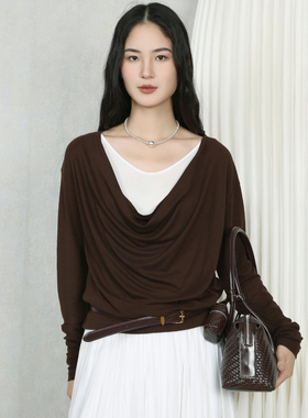 梵凯T恤女2026春天丝薄款荡领假两件长袖针织上衣百搭极简款T恤女
