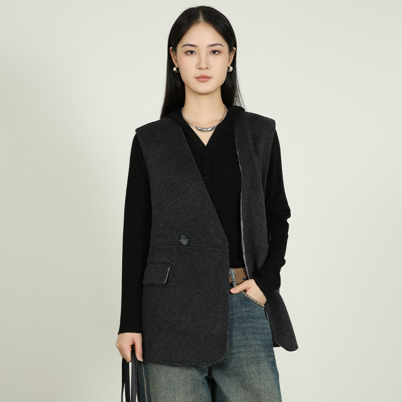 梵凯2025冬宽松双面呢马甲外套女