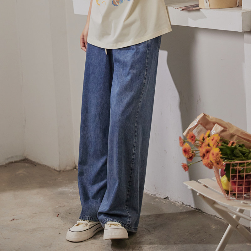 梵凯牛仔裤女2025夏高腰松紧抽绳直筒牛仔裤宽松阔腿休闲薄长裤女