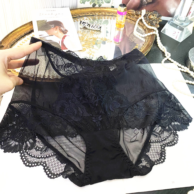 法式黑色高腰蕾丝透气三角裤