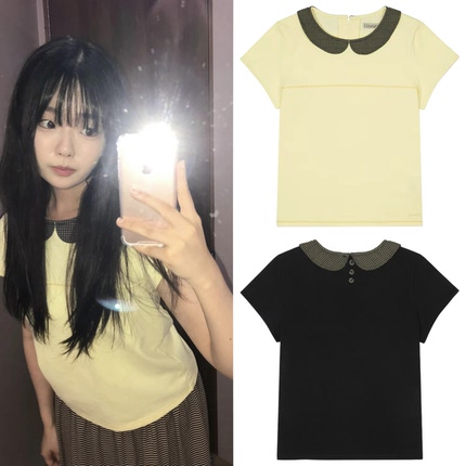 26新韩国小众品牌coyseio新款日系娃娃领少女拼色减龄短袖T恤上衣