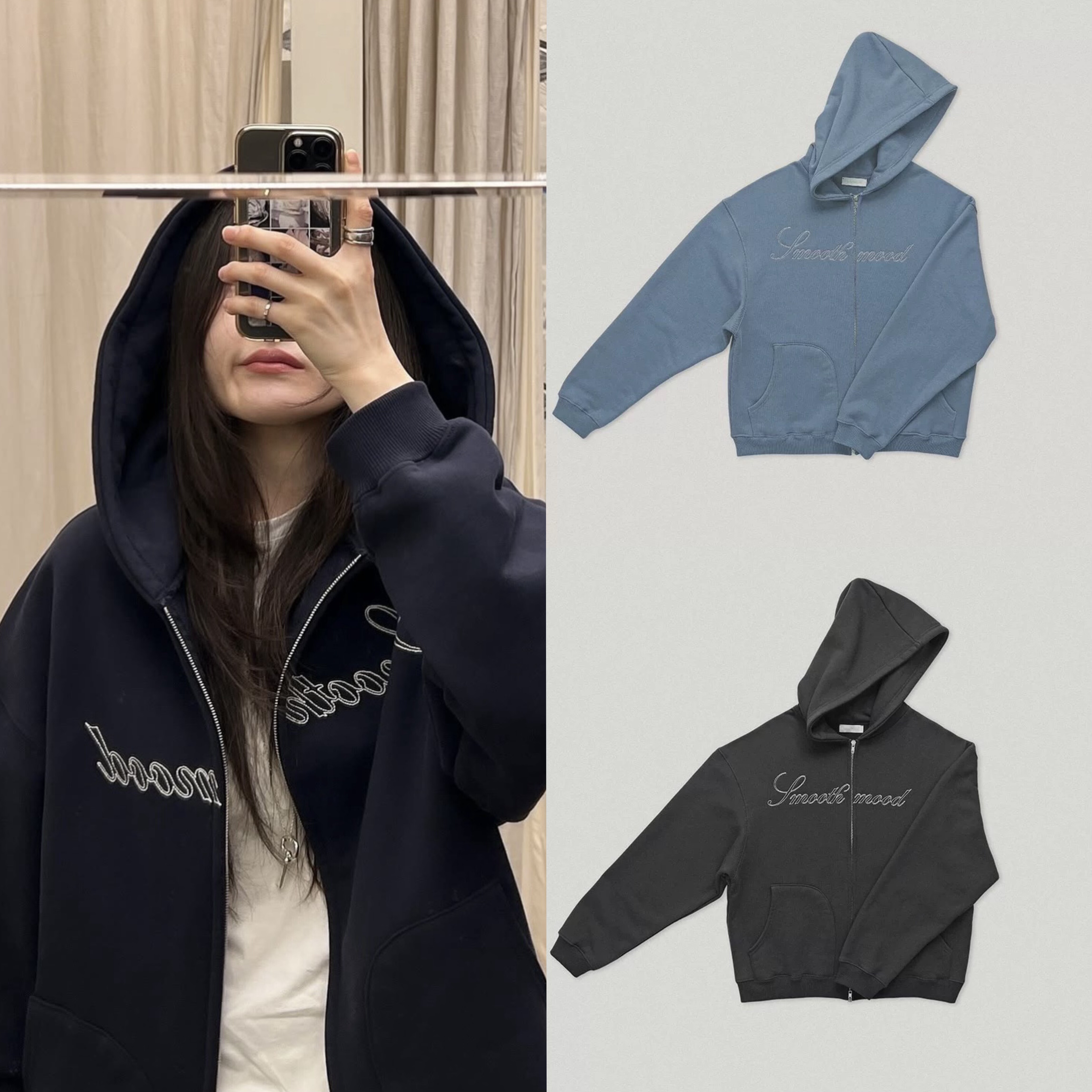 韩国smoothmood2025秋季新款美式复古连帽字母刺绣加绒卫衣外套女