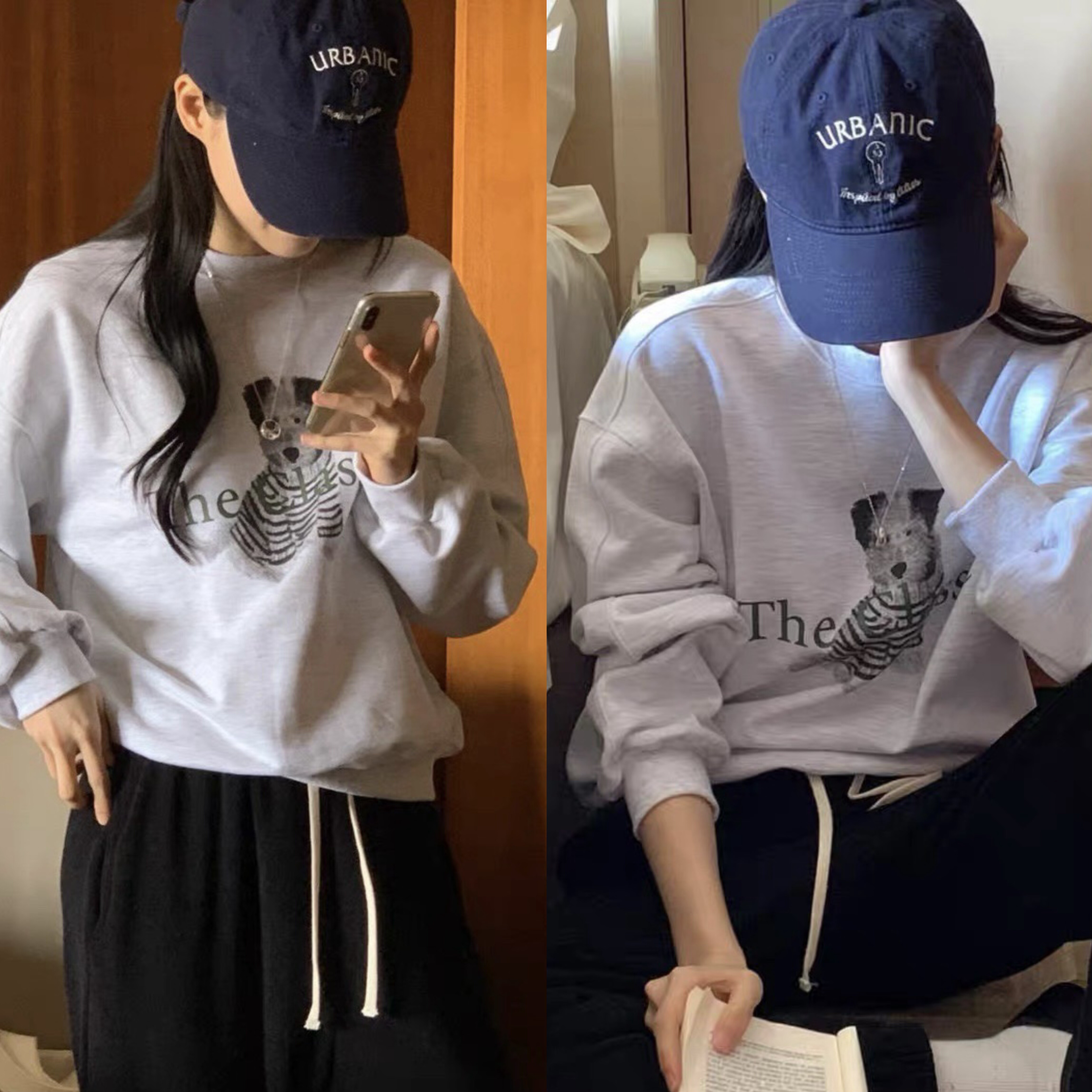 现货2025韩国品牌inouf 女秋季复古宽松字母小狗印花圆领长袖卫衣