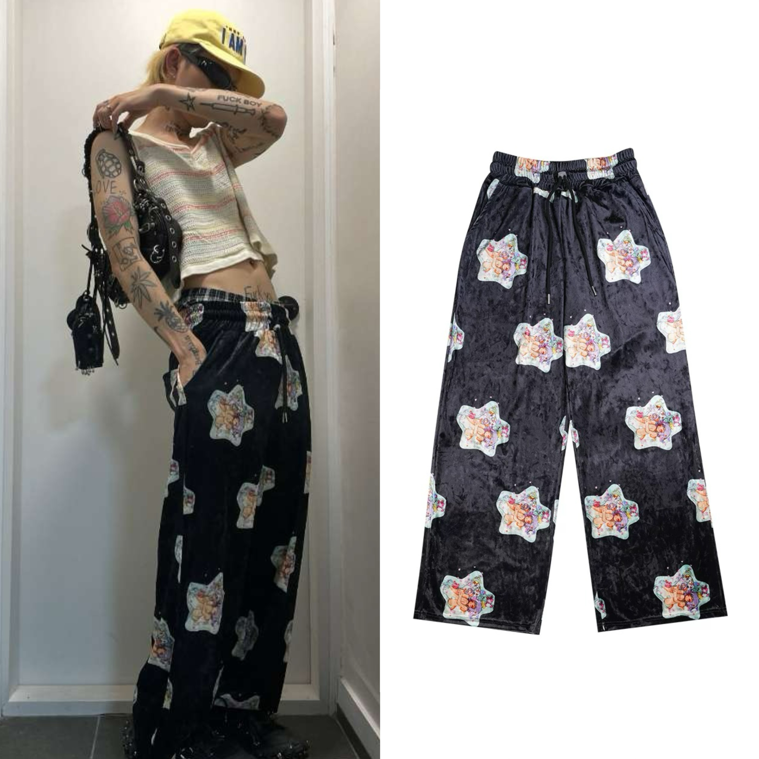 现 2025春YouthBathXOliwa联名款韩国小众品牌女星星丝绒休闲裤