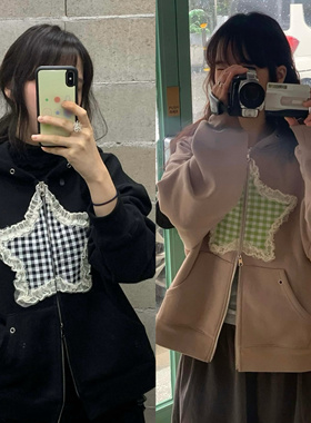 现货！韩国品牌fling 'be my star'蕾丝边星星布贴连帽卫衣开衫