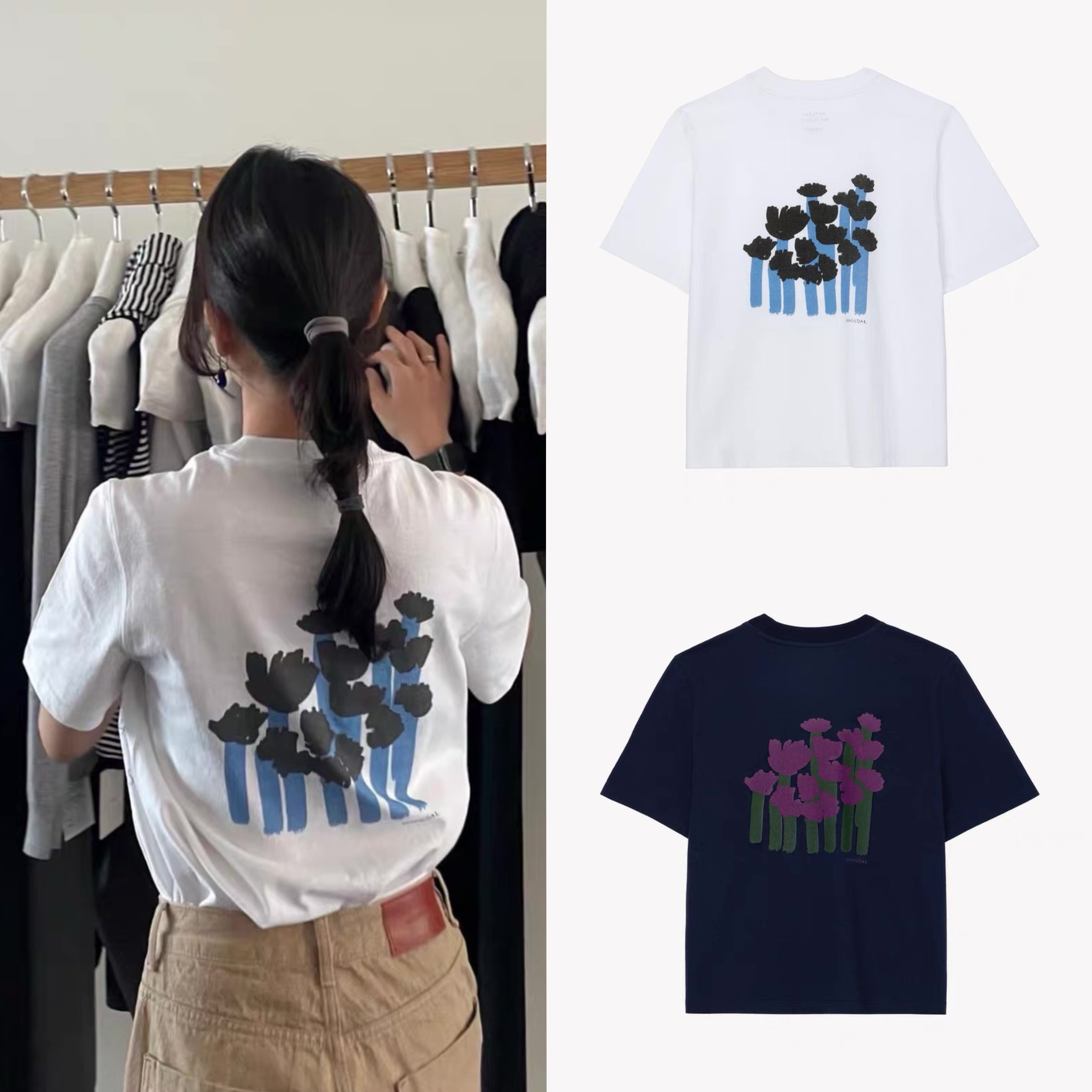 【现货】韩国moondal背后花朵圆领印花短袖T恤2025夏季新款上衣