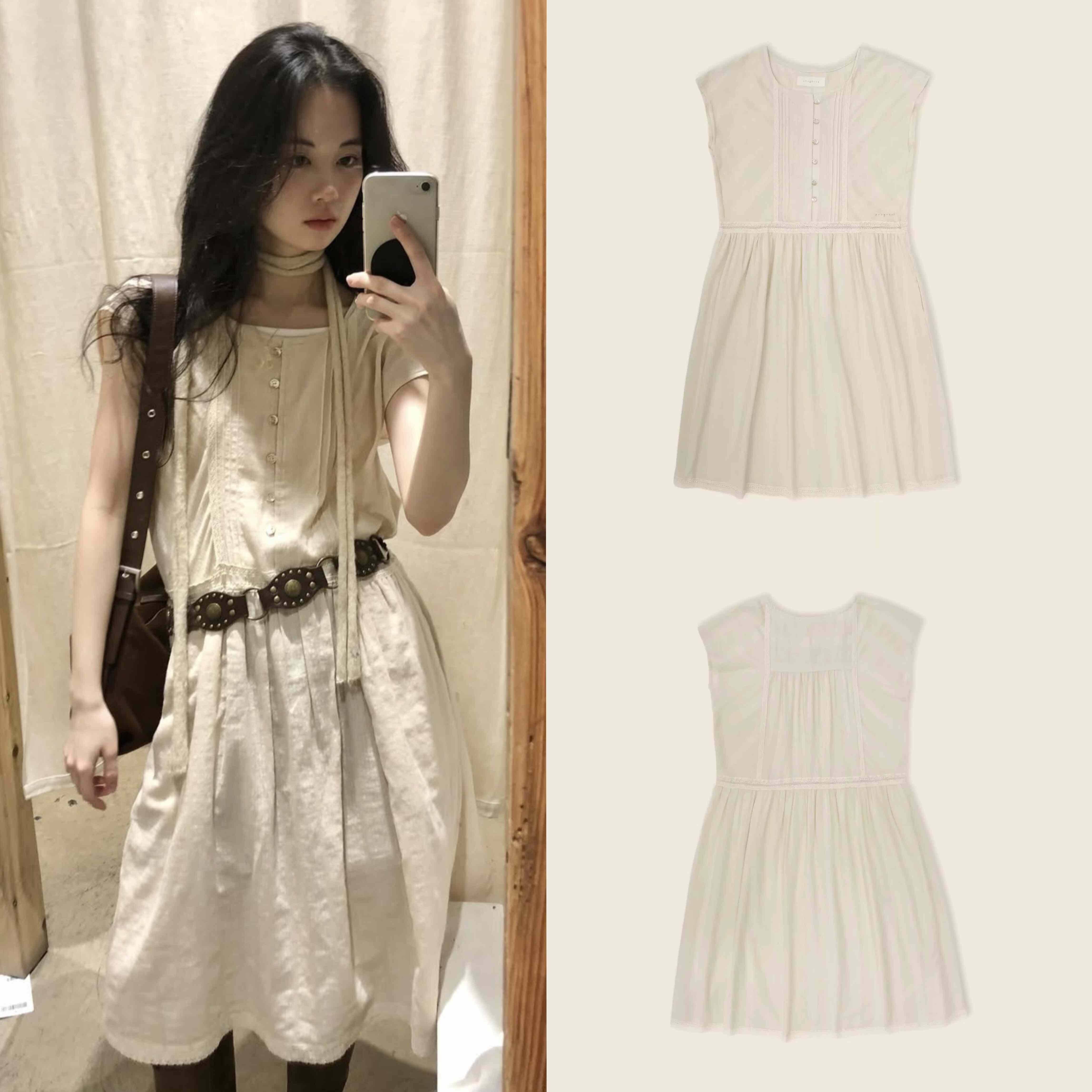 【现货】韩国snugnook新款裙子洋气减龄压褶蕾丝拼接无袖连衣裙夏