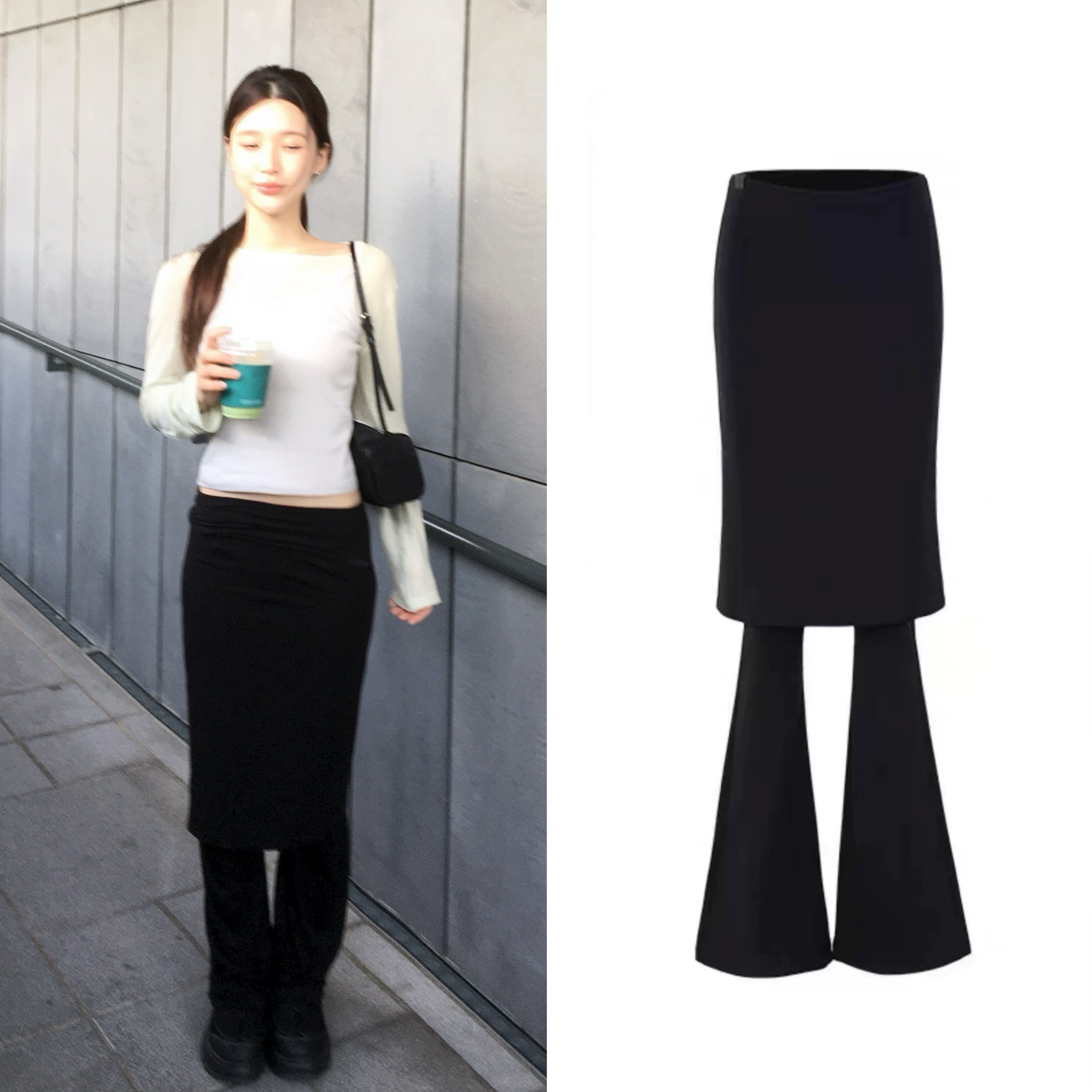 韩国小众  jennie金智妮同款  假两件裙裤微喇裤弹力长裤