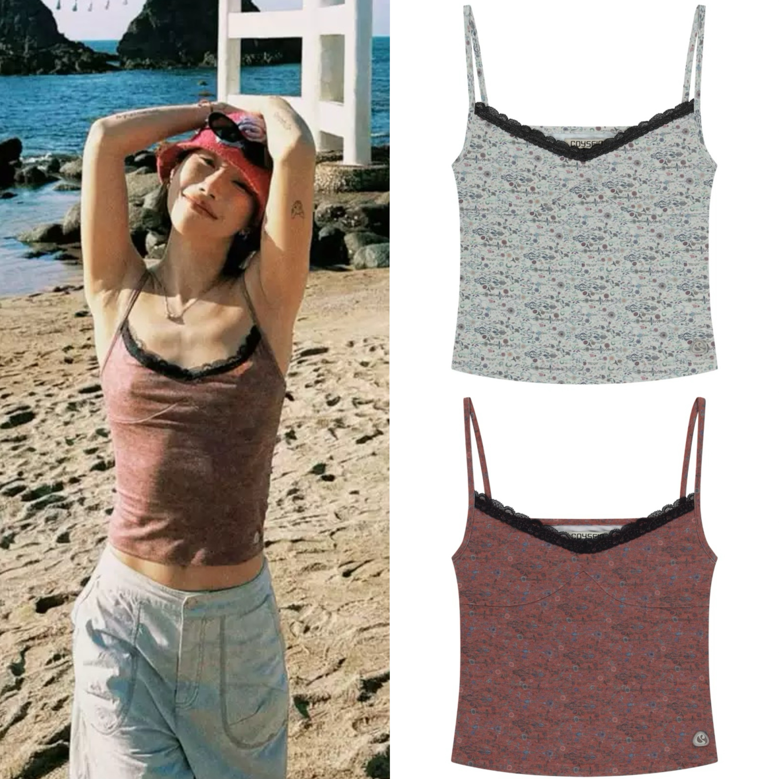 现货 韩国coyseio 25夏季新款 少女V领蕾丝花边碎花吊带背心上衣