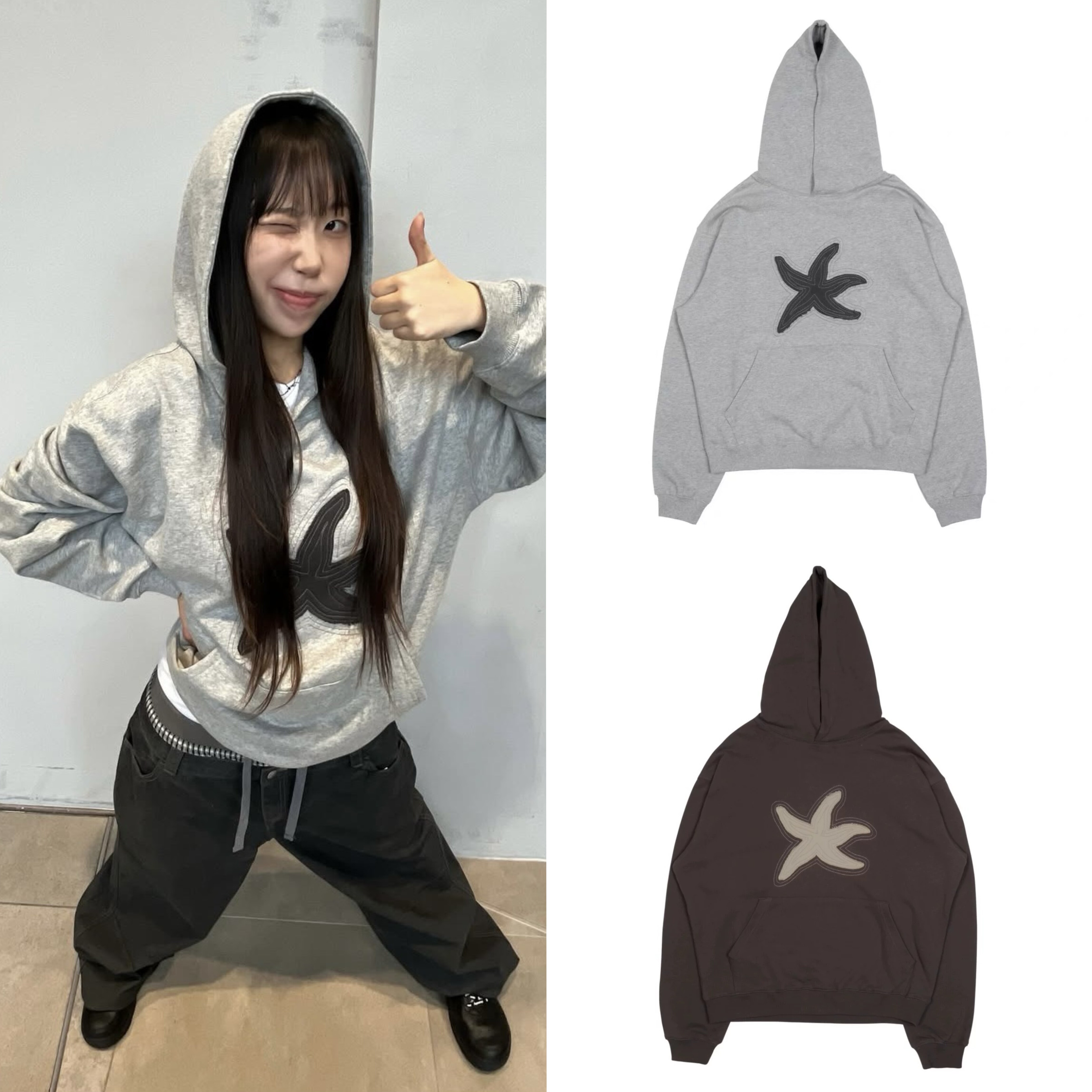秒发韩国TheColdestMoment海星贴布刺绣连帽休闲卫衣宽松复古风潮