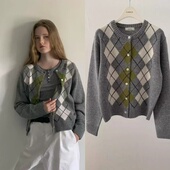 现货 外套 菱格圆领拼色针织开衫 韩国品牌GABRIELLE 25秋新款