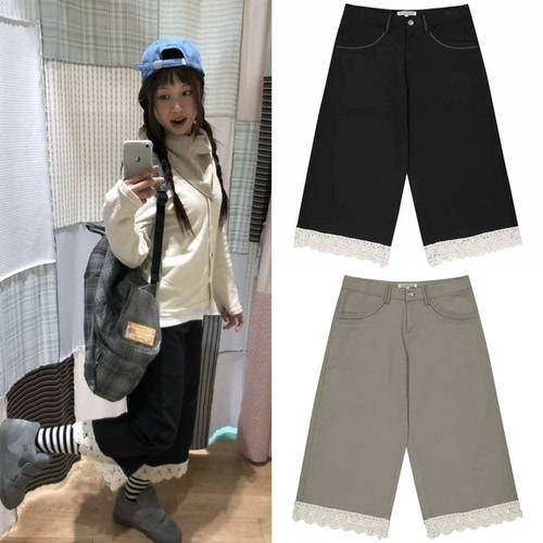 韩国小众品牌COYSEIO蕾丝花边直筒休闲裤女宽松九分裤休闲女裤子