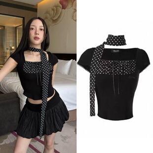 短款 现货韩国小众 d复古波点围巾短袖 HIL 显瘦T恤 宫胁咲良ASA同款