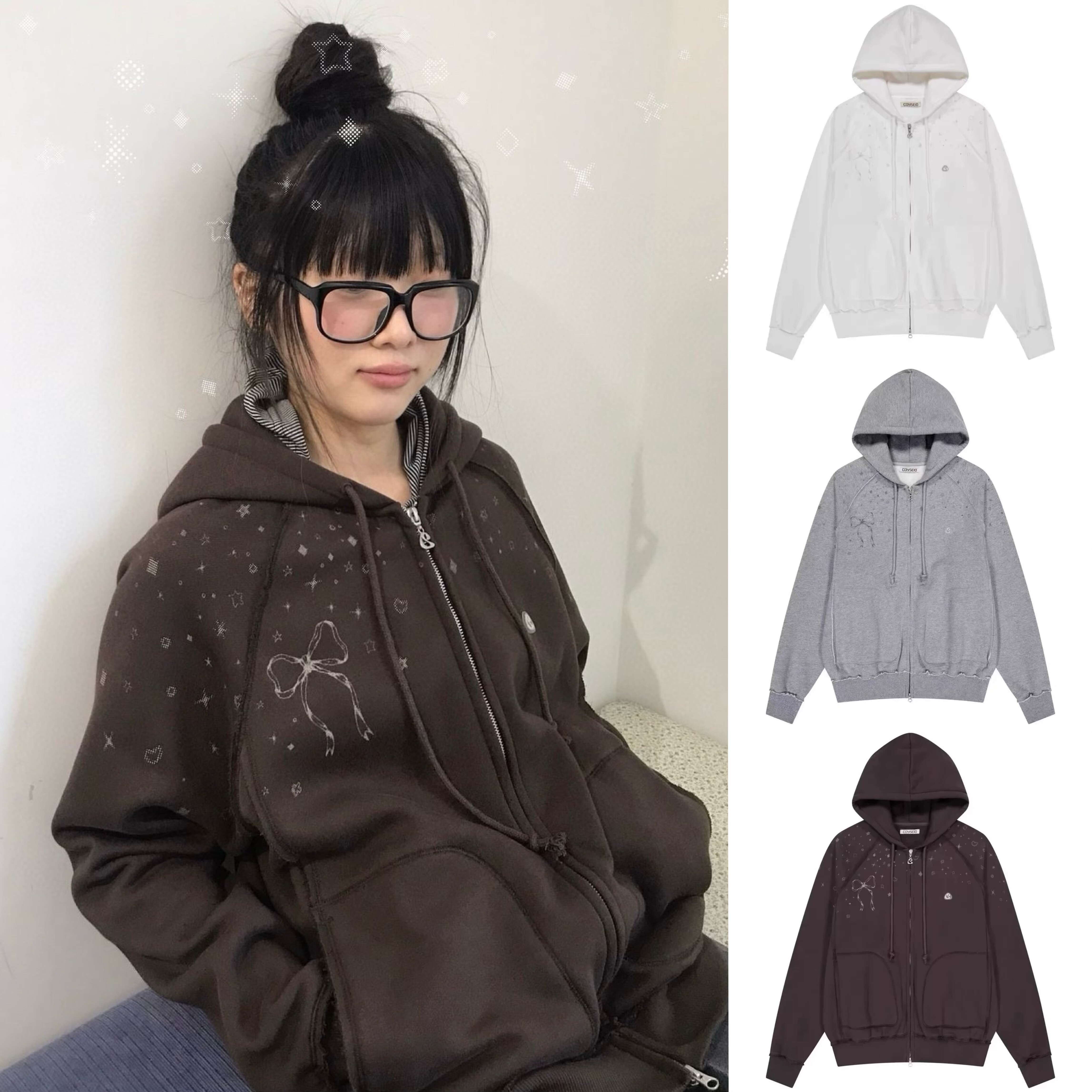 秒发韩国coyseio日系蝴蝶结星星印花宽松连帽卫衣休闲外套2025秋