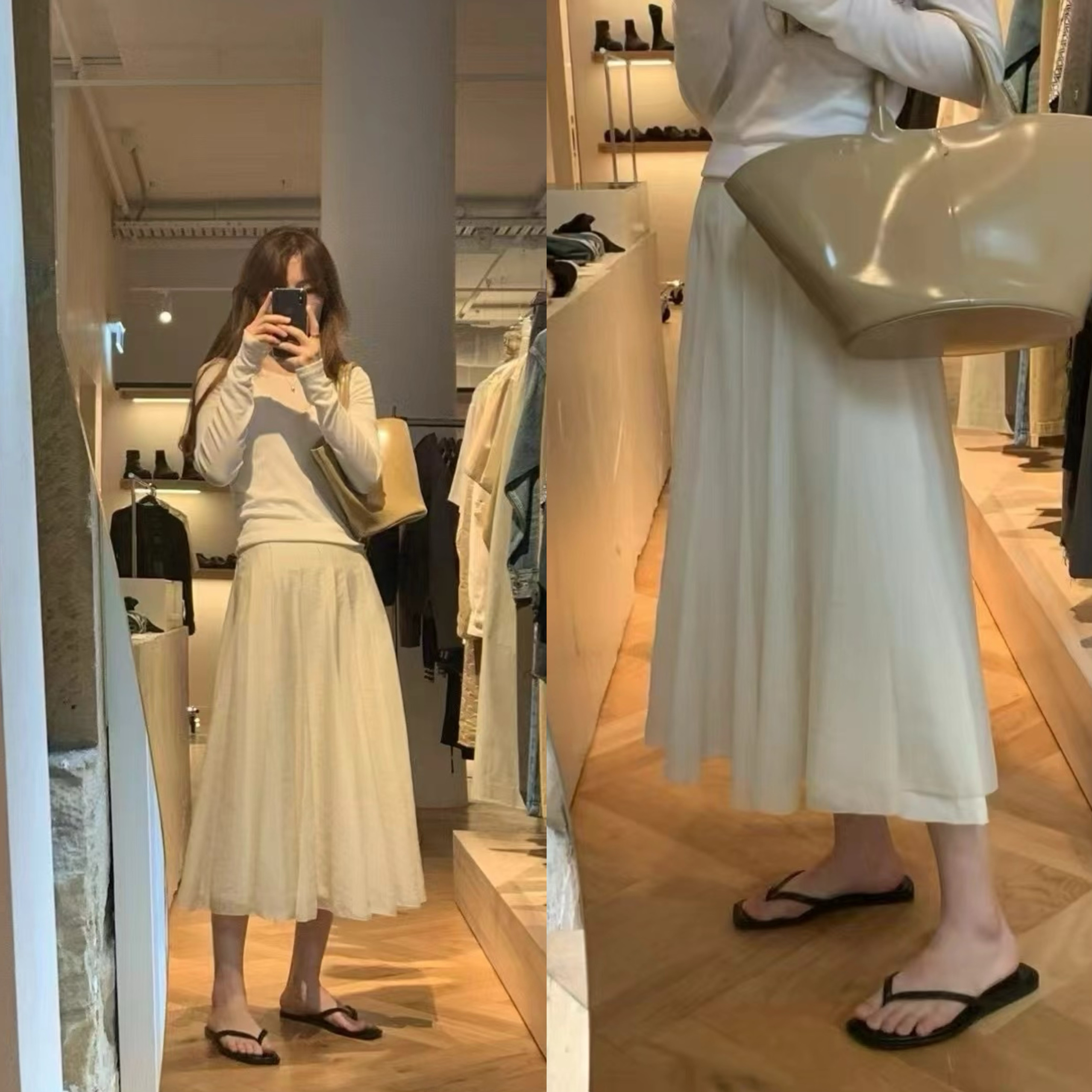 现货 韩国东大门OUNCE气质飘逸感高腰百褶半身裙百搭甜美长袖