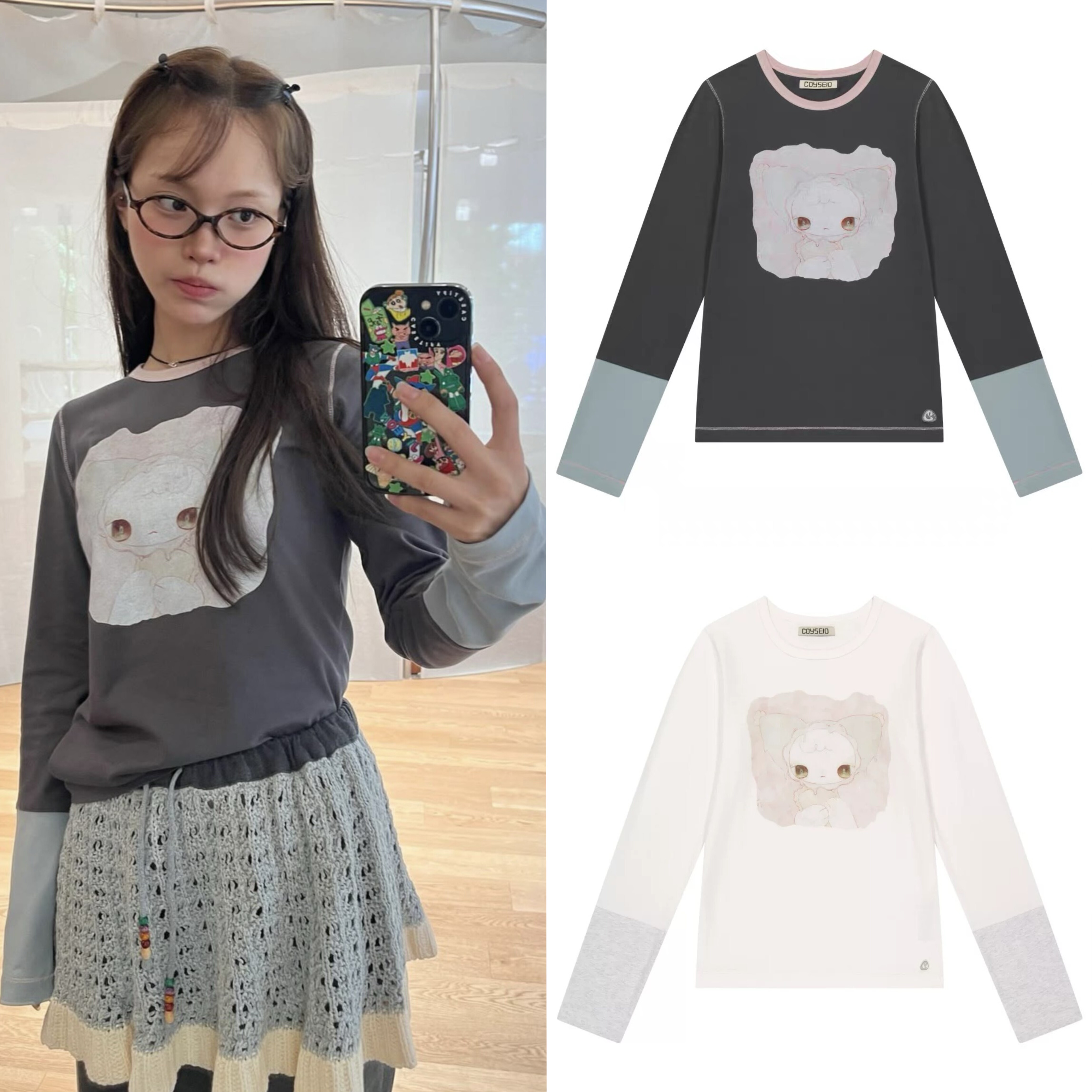 现coyseio 韩国小众品牌25秋冬复古娃娃印花拼色修身圆领长袖T恤