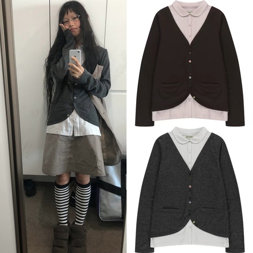 现 韩国小众品牌coyseio针织衫娃娃领假两件女彩色纽扣修身上衣