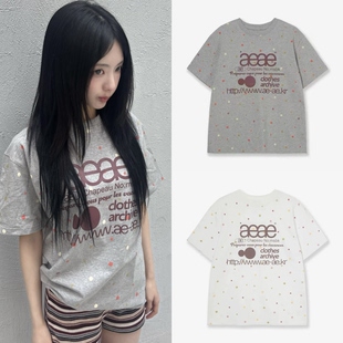 现货韩国小众品牌AEAE 26新款彩色波点字母印花圆领宽松版短袖T恤