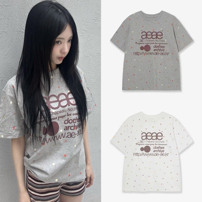 现货韩国小众品牌AEAE 26新款彩色波点字母印花圆领宽松版短袖T恤