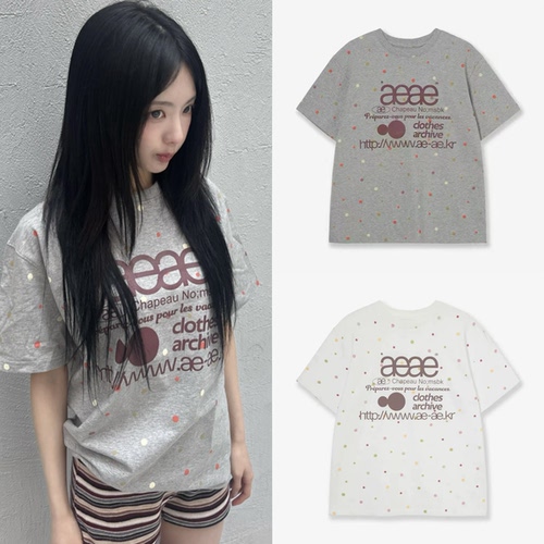现货韩国小众品牌AEAE 26新款彩色波点字母印花圆领宽松版短袖T恤