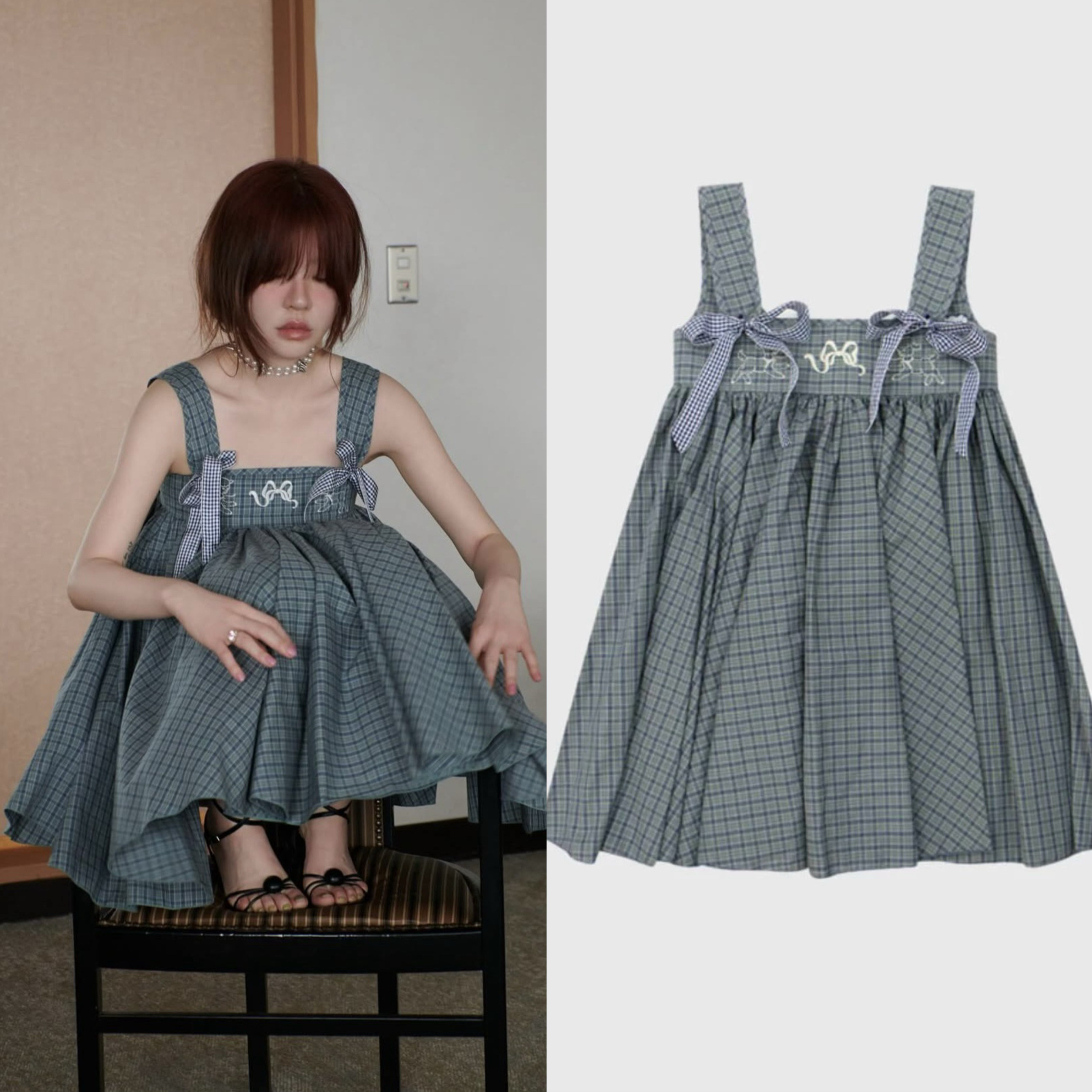 现货 FRECKLE 2025春季新款 韩国小众品牌 刺绣蝴蝶结吊带连衣裙