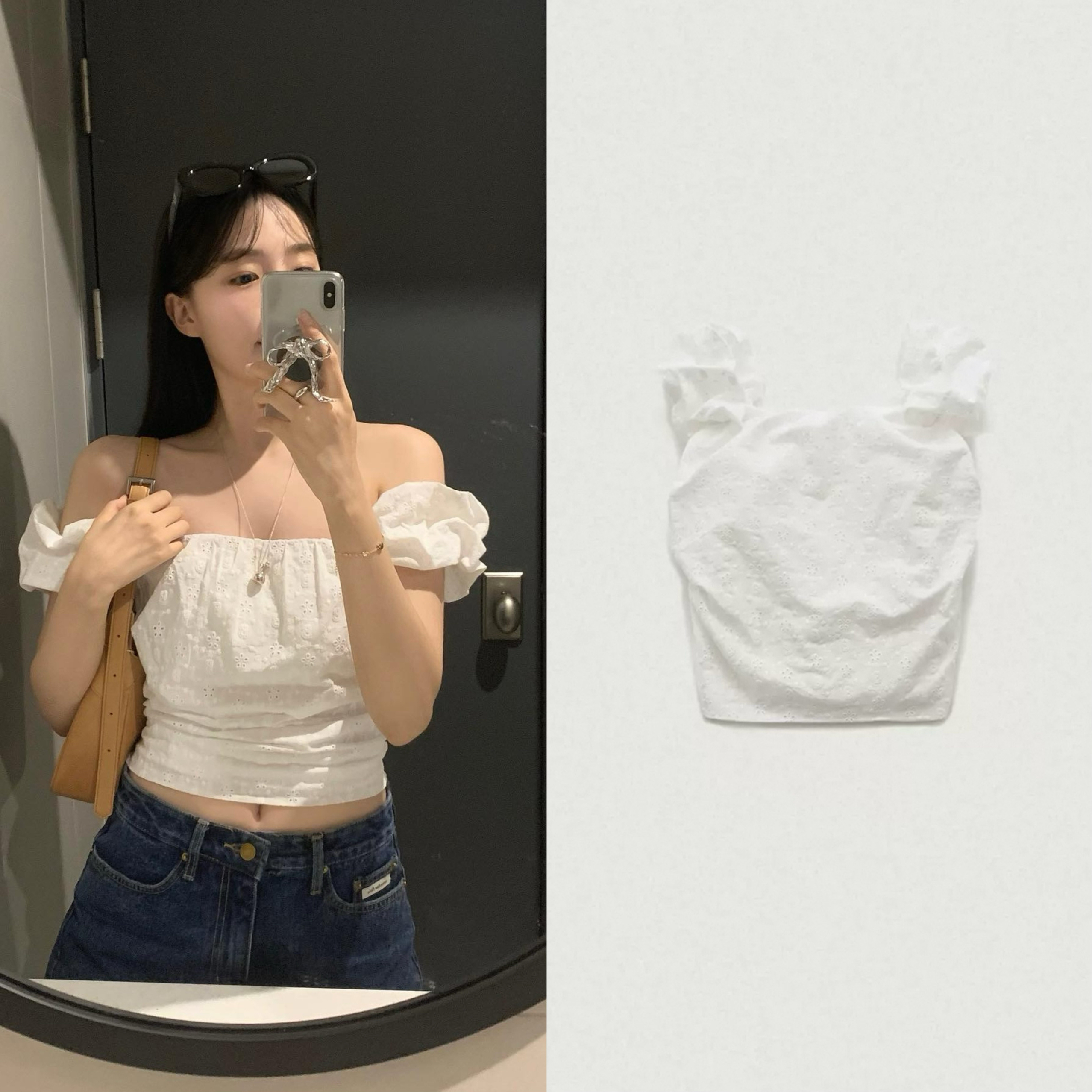 现 The barnnet韩国小众品牌女2024夏款刺绣镂空一字领泡泡袖衬衫