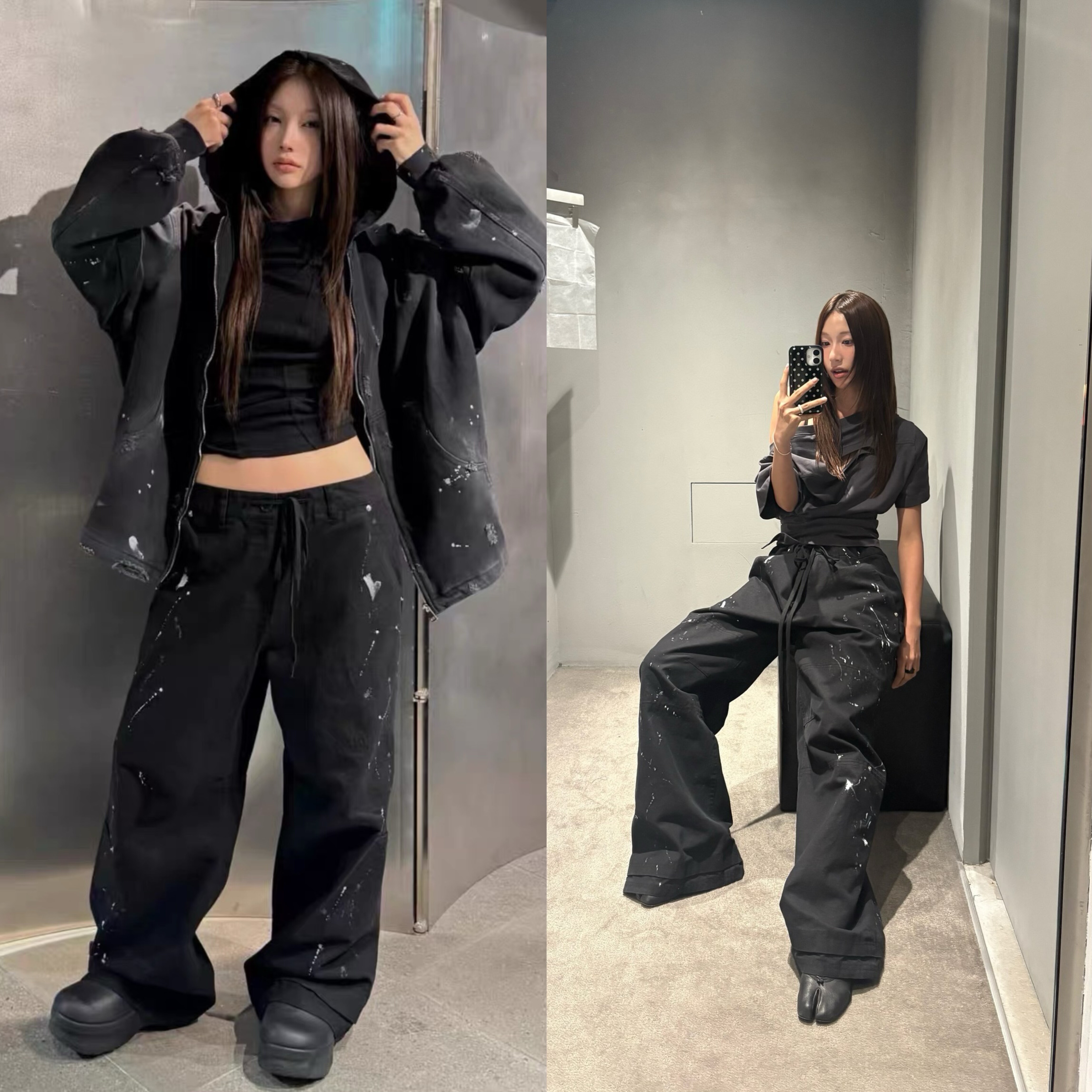 现货韩国小众设计师品牌25fw新款手工喷漆效果宽松阔腿工装裤