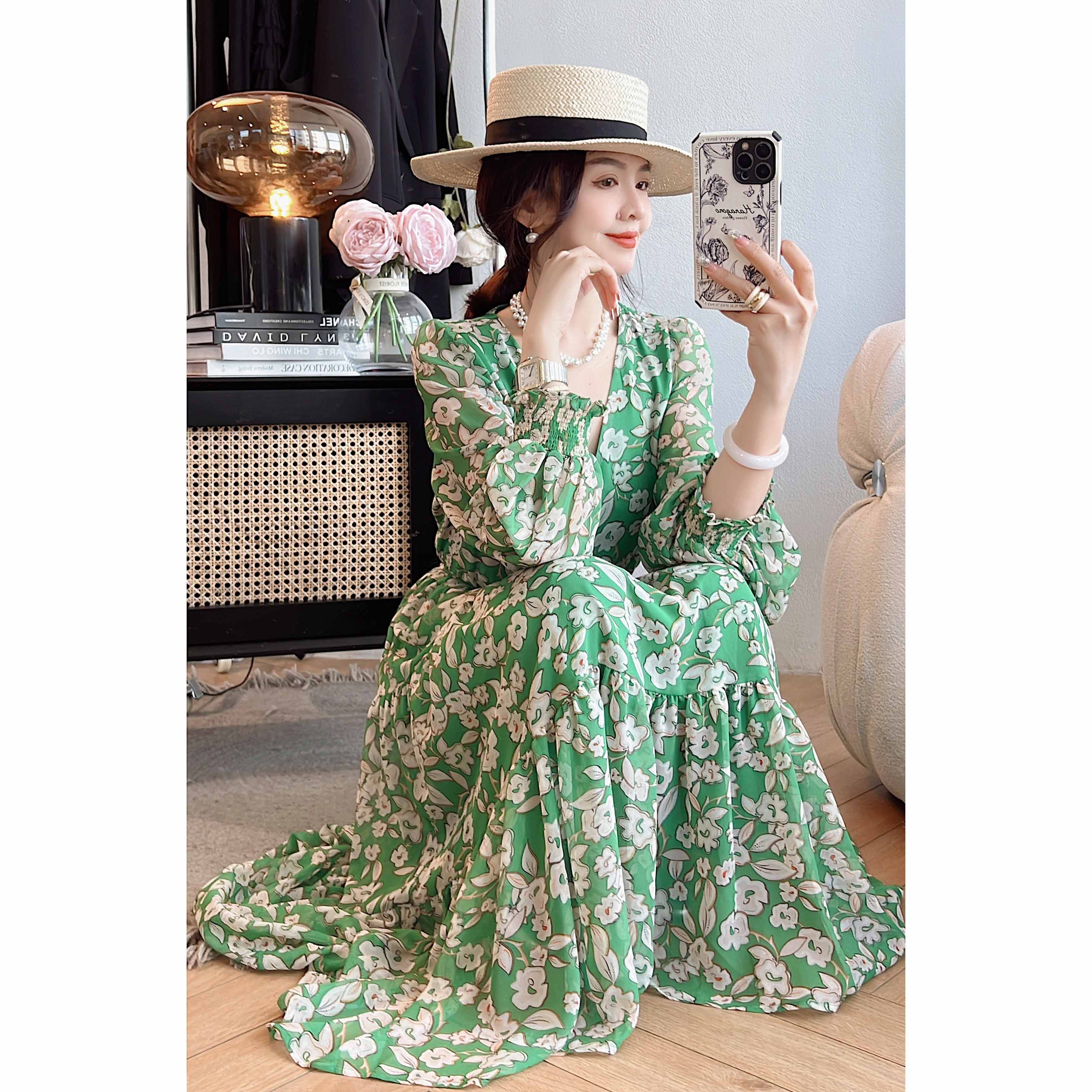 pinziko 大兔子 v领法式优雅气质收腰显瘦时尚碎花设计感连衣裙