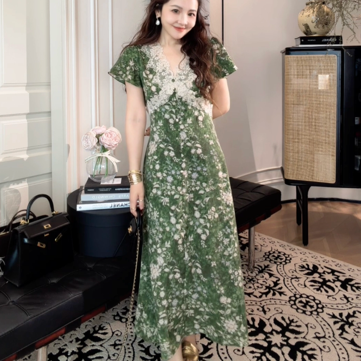 PINZIKO 大兔子 法式收腰显瘦气质夏季蕾丝碎花连衣裙设计感时尚