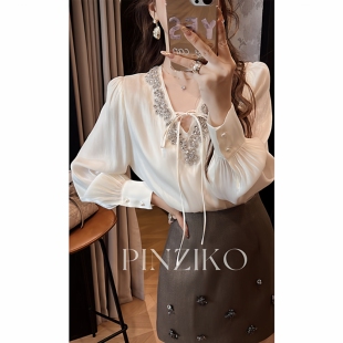 衬衫 PINZIKO 高级感重工钉珠V领系带长袖 法式 上衣 大兔子