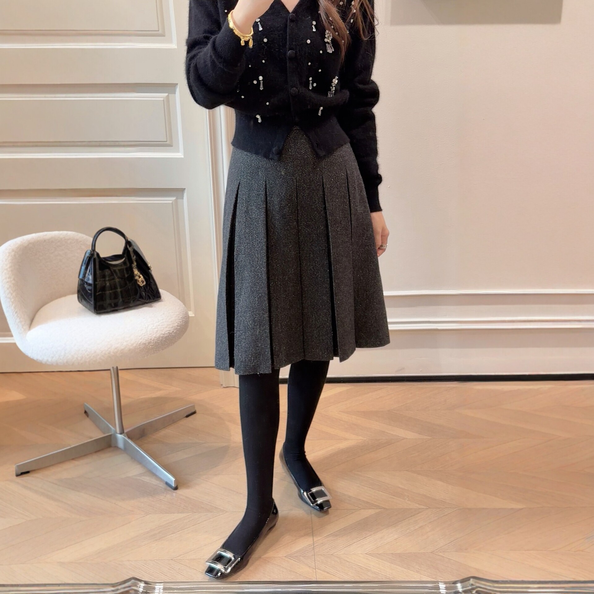 毛呢高腰灰色百褶裙女