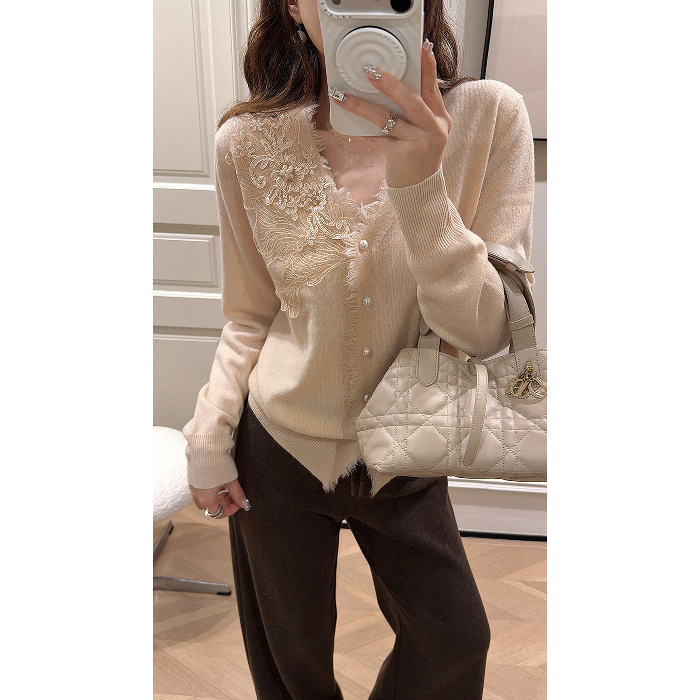 100全羊毛重工开衫女针织衫