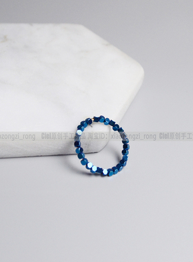 Ciel原创设计手工天然黑胆石戒指2mm方块珠指环关节戒骨尾女蓝色