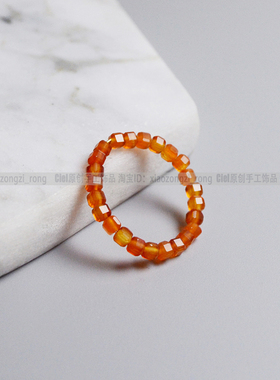 Ciel原创天然浅红色玛瑙戒指手工设计方糖珠透体指环关节戒尾戒女