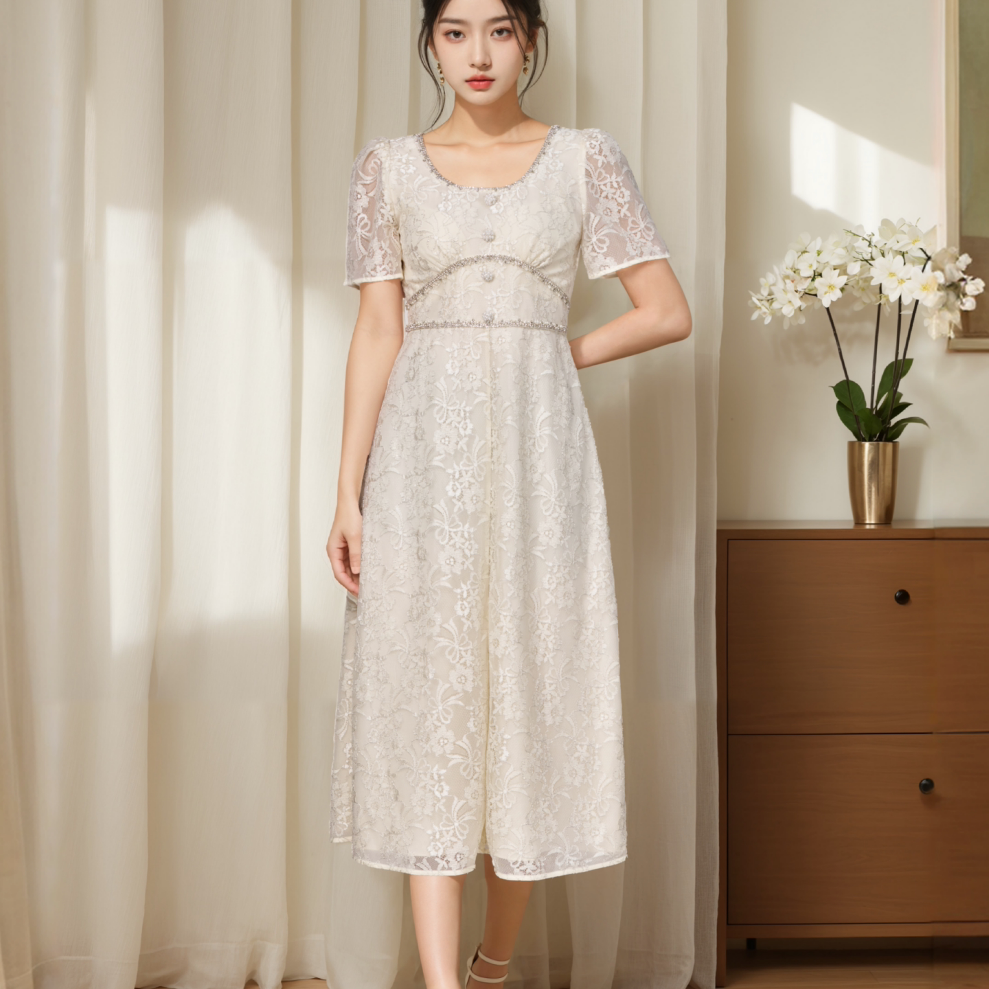 商场同款2025夏季新品U领手工钉钻花卉蕾丝镂空连衣裙1C65205130