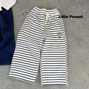 松紧腰宽松两穿阔腿裤 110 可爱刺绣 中大童装 150 男女宝 条纹卫裤