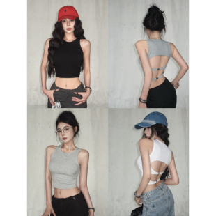 实拍实价夏季 露背上衣 带胸垫镂空背心女设计感免穿bra吊带无袖