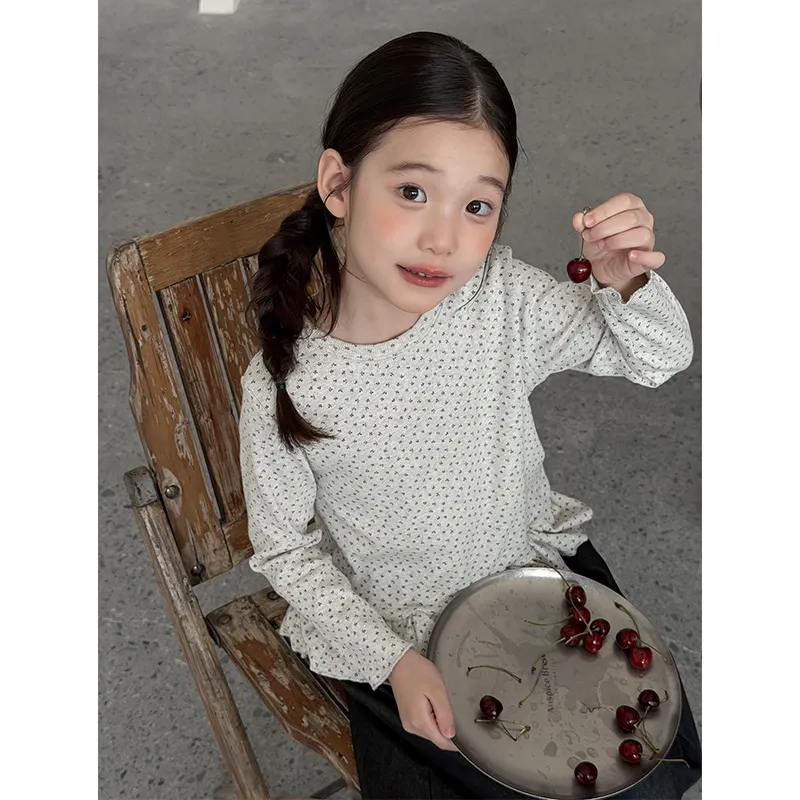 八月公主韩系碎花木耳花边儿童长T恤