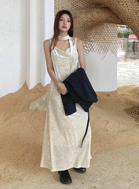 BORAN帛然高级丝绒吊带连衣裙送飘带2025秋季新款气质长裙女8391