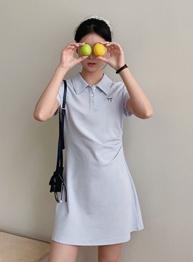 BORAN帛然韩系翻领收腰显瘦蝴蝶结刺绣针织短袖连衣裙A字裙2029