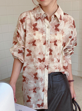 BORAN帛然2025秋季新款设计感长袖衬衫渐变蝴蝶印花上衣女8016S