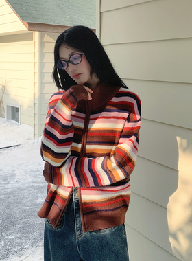 BORAN帛然冬针织开衫毛衣复古休闲宽松慵懒保暖条纹外套上衣9027