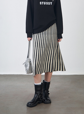 BORAN帛然2025年秋季新款半身裙条纹高级感气质裙子高腰中长裙女