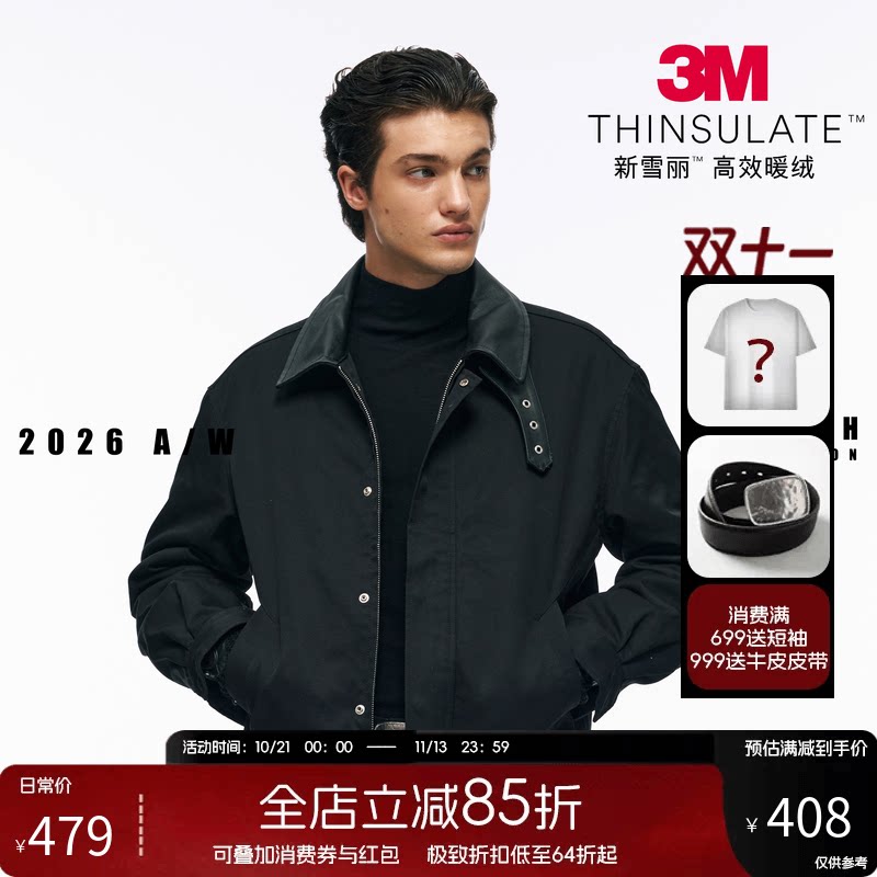NOFAITH3M新雪丽牛皮领水洗夹克男翻领短阔工装复古通勤棉服W6305