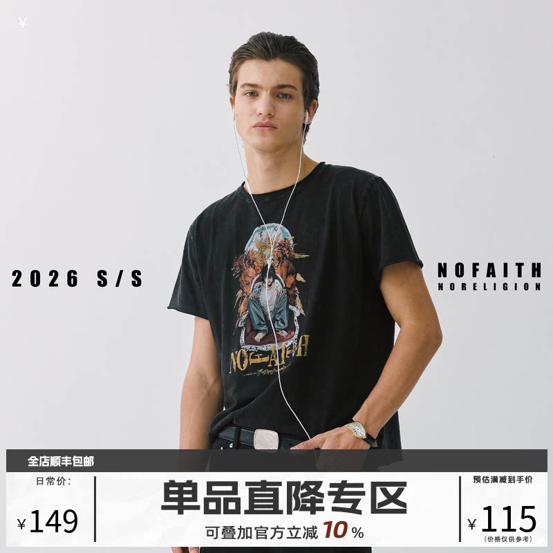 NOFAITH平纹汗布棉180G漫画印花短袖男卷边vintage短宽休闲t恤