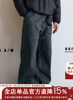 NOFAITH宽松B01水洗工装弯刀裤男秋季复古通勤阔腿休闲直筒法工裤