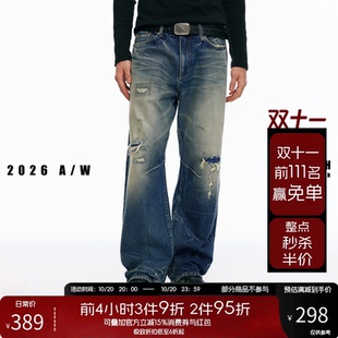 NOFAITH水洗做旧刀割破坏牛仔裤男宽松休闲14.2oz纯棉长裤NK62126