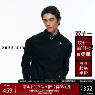 NOFAITH重磅355G水洗做旧短宽机车服夹克外套男纯棉立领上衣