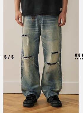 NOFAITH水洗做旧毛边破坏牛仔裤男宽松直筒新疆棉休闲裤长NK5216