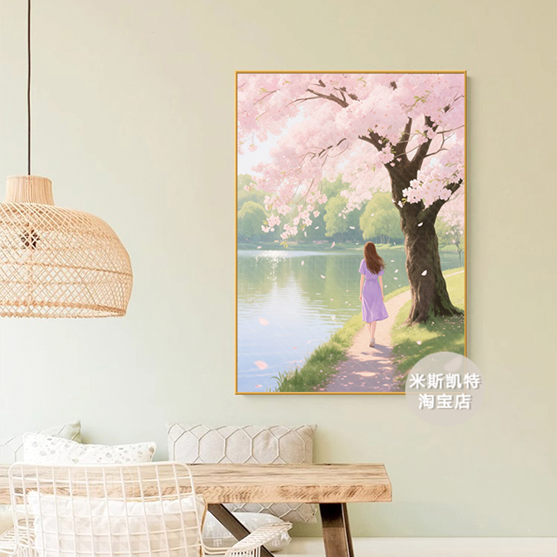 小清新暖色樱花树下油画奶油风卧室床头小众装饰画餐厅客厅挂画图片